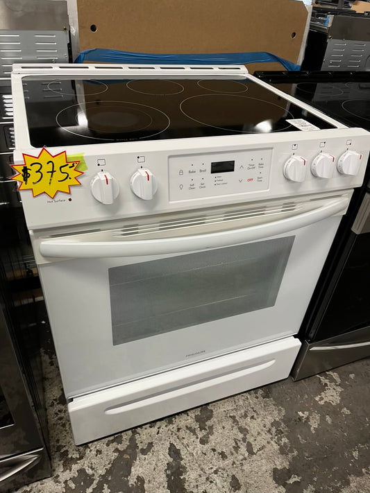 -Frigidaire slide in Glass top electric 220v range 5 burner warm zone bake broil self clean in white 30" Refurbished #ER749JB-TR