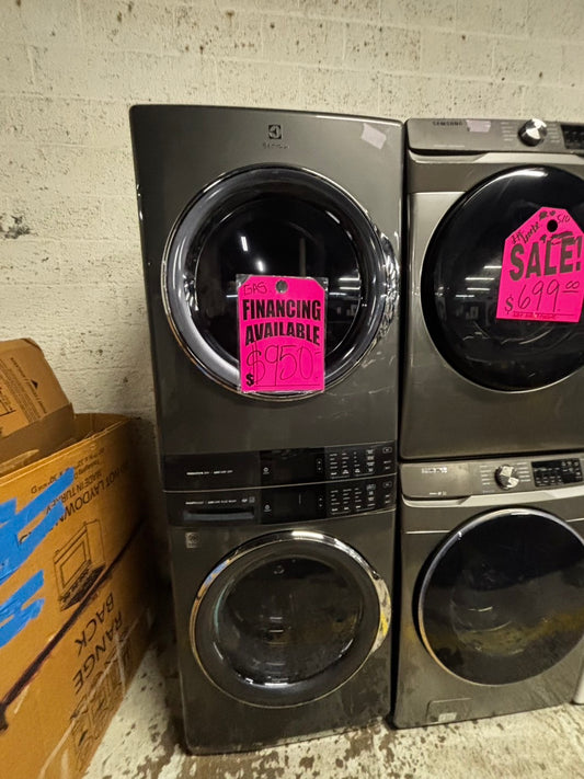 >gas Electrolux gas 27” wash-tower (washer & dryer) large capacity one unit staked  in dark gray color used refurbished #GD94G4B