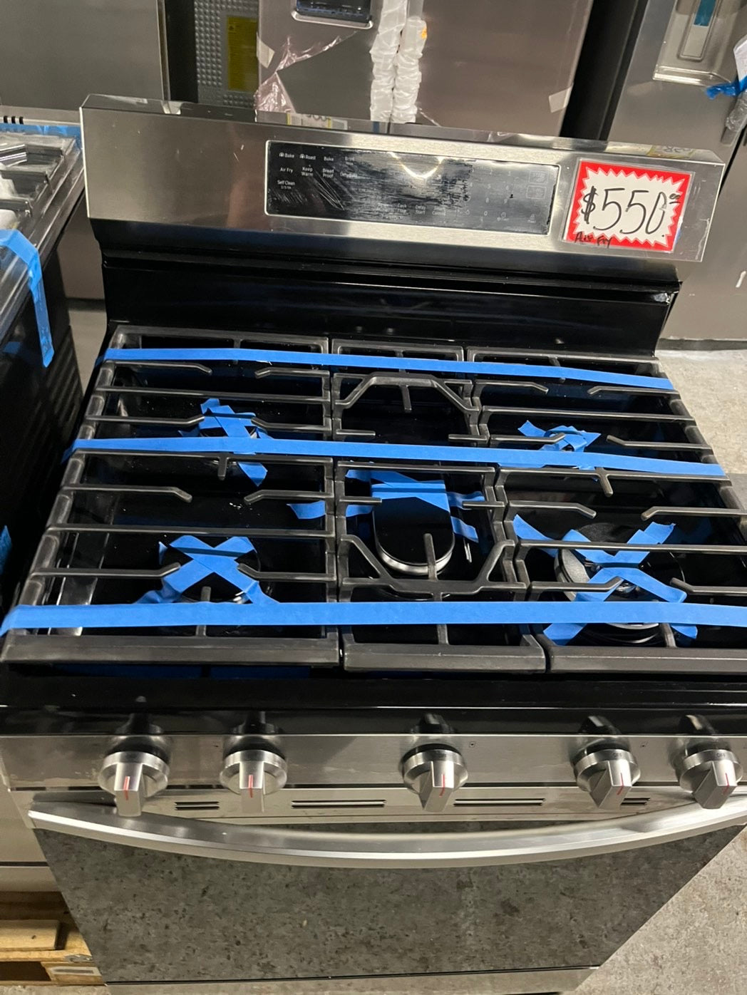 =Samsung Air fry Bake Roast keep warm gas stove 5 burner bake broil i/lo in black & silver -used-Refurbished 30” #GSTVA24B