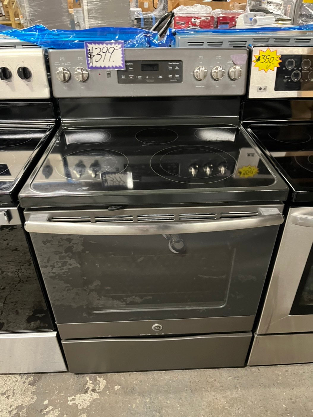 -GE glass top electric range 220V  5  burner warm zone convection bake broil power boil self clean Refurbished Slate 30" #ERS89B