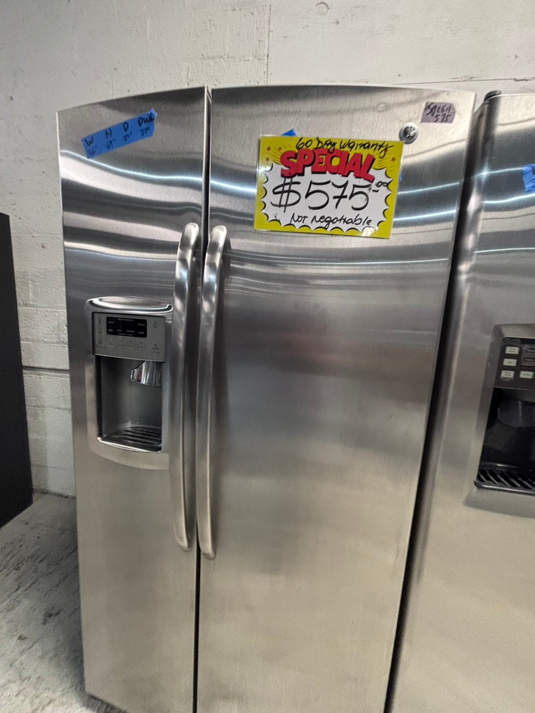 >*36” x 69h GE side by side Refrigerator and freezer stainless steel w/ice water dispenser 36” #SBS36ZB
