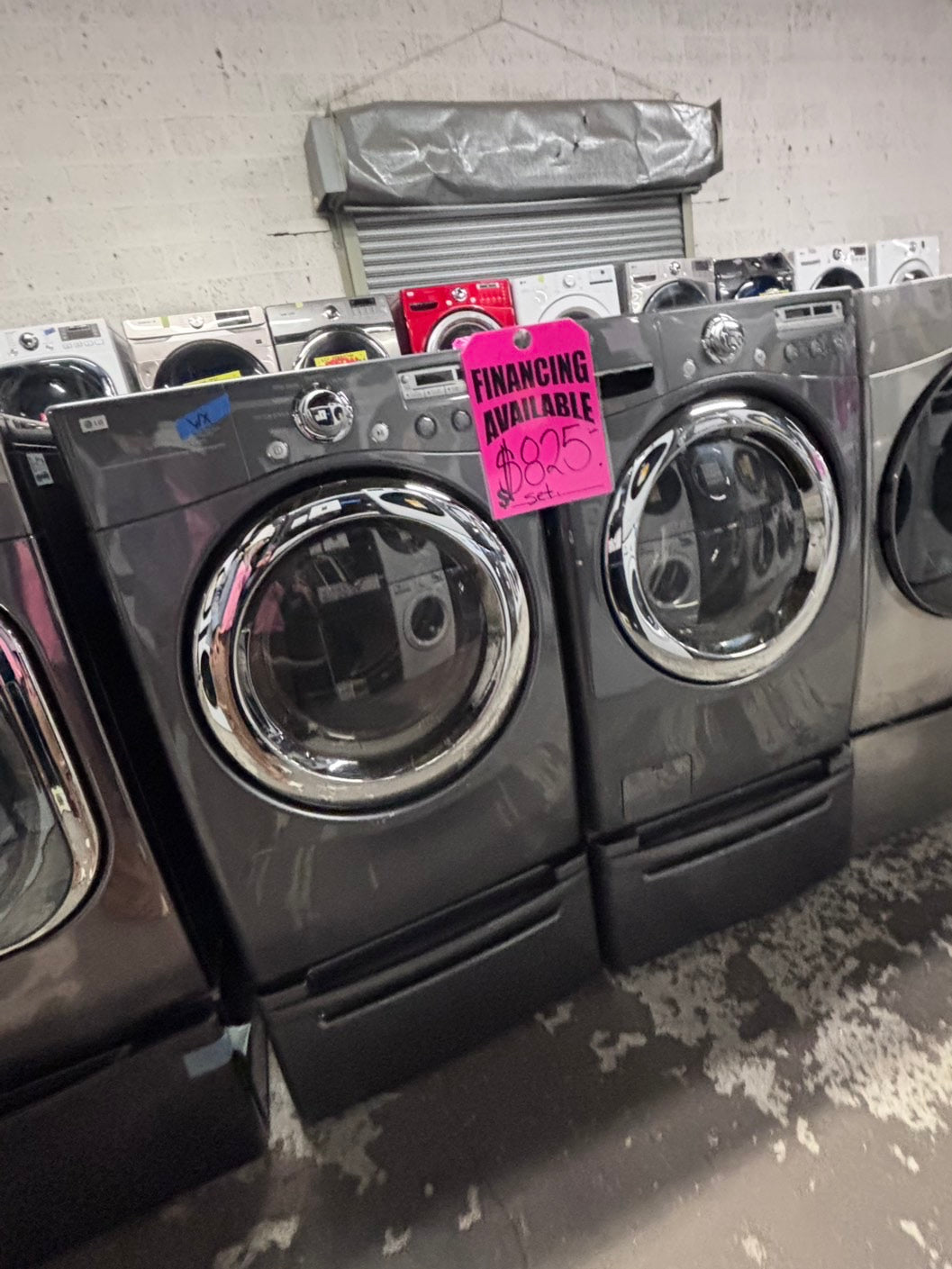 >used- refurbished LG front load washer & dryer set electric 220v large capacity with pedestals in gray stainless steel 27” #ELPV65B