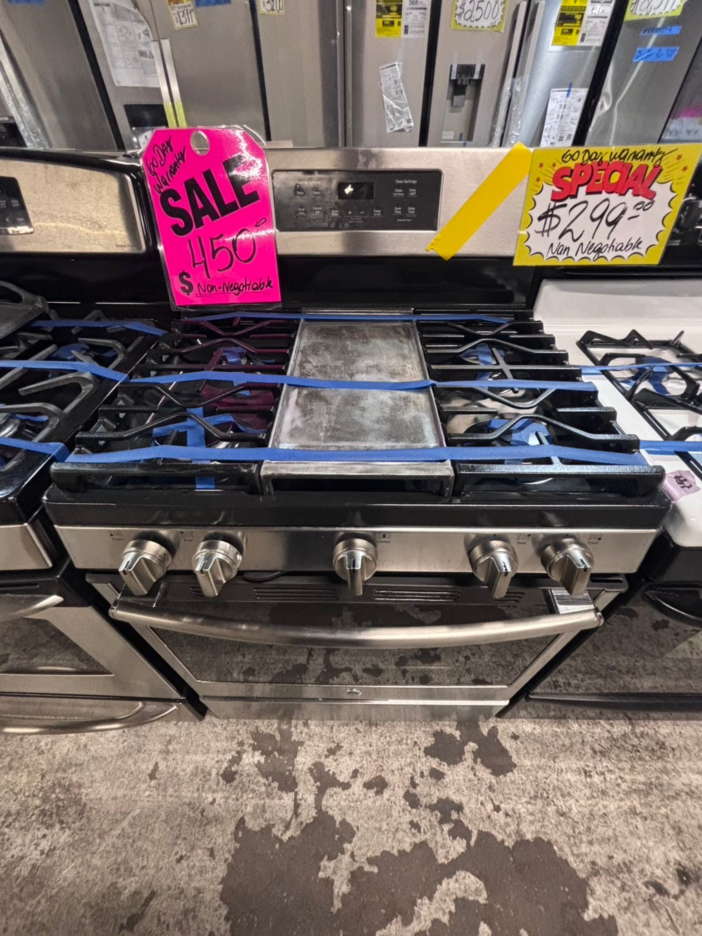 >*Sale🔥GE Gas range 5 burner convection oven bake ,broil Hi/Lo self clean in stainless steel used-Refurbished 30” #GSG996B