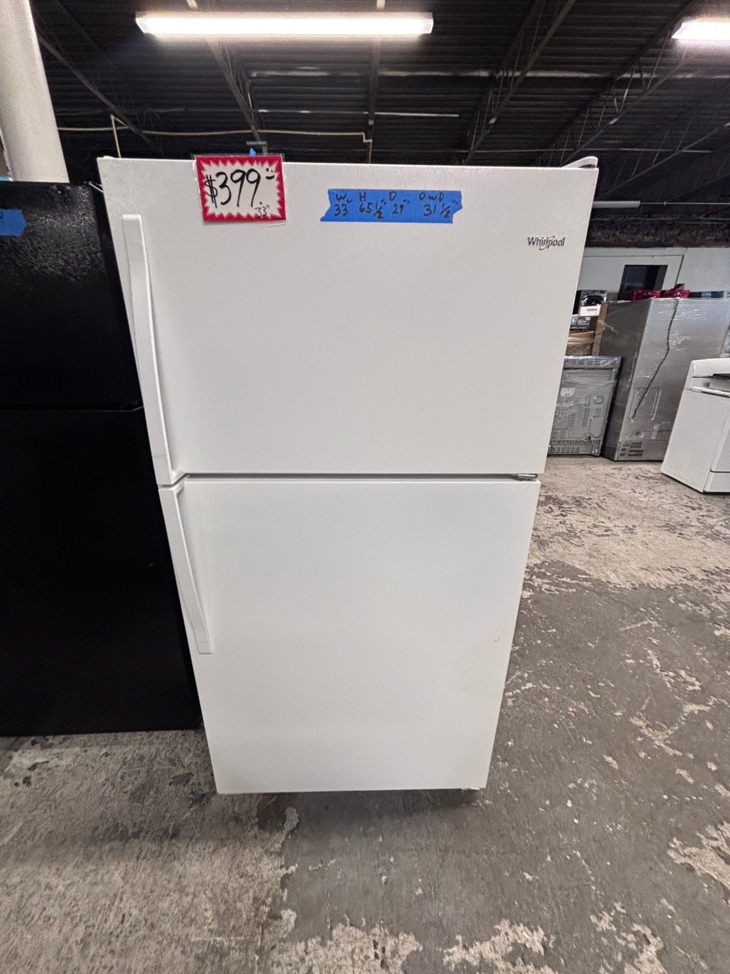 >*whirlpool 33” x65 1/2 height x 29” depth Top freezer fridge   ,white . used-like new , refurbished #RWH191B