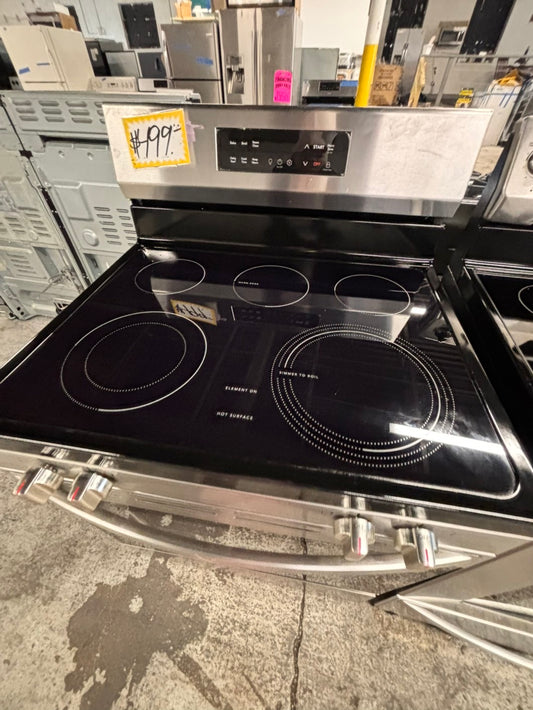 >like new Frigidaire glass top electric range 220v 5 burner stainless steel warm zone bake broil used-Refurbished fast boil 30" #ELP45B