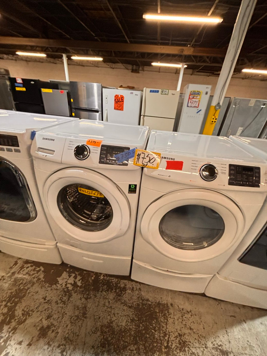 }}Samsung used- refurbished front load electric 220v dryer & washer large  capacity with pedestals in white color 27” working 💯 with warranty #FLSG427B