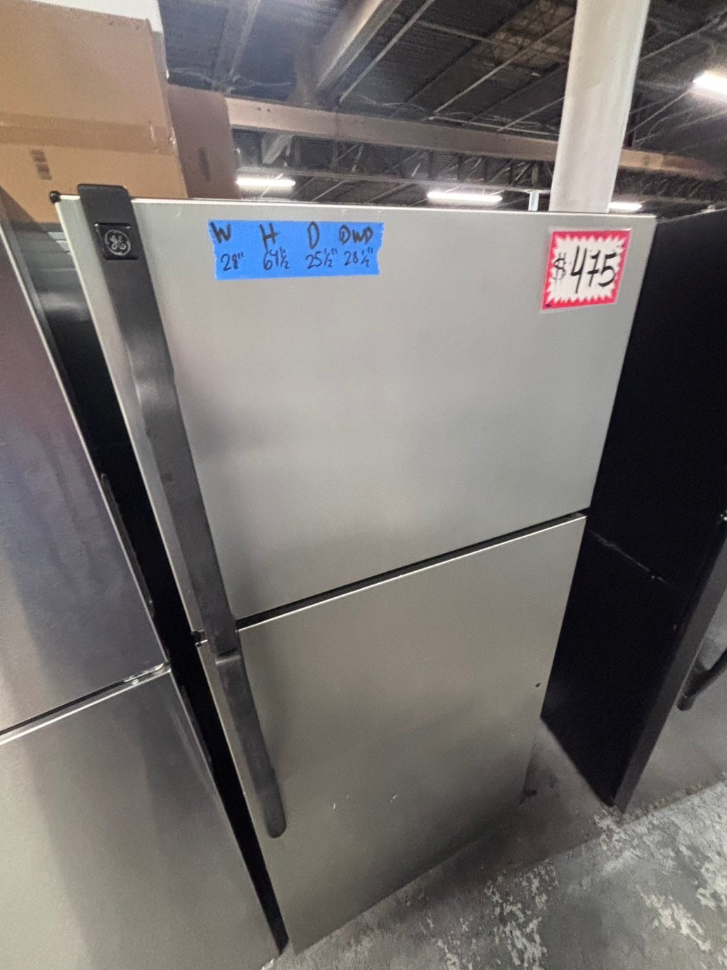 >*28”GE top freezer fridge with ice maker inside stainless steel  used-refurbished #FGBS3RB