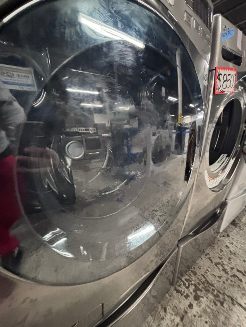 >used- refurbished LG front load washer & dryer set electric 220v large capacity with pedestals in stainless steel 27” #ELY3X45B