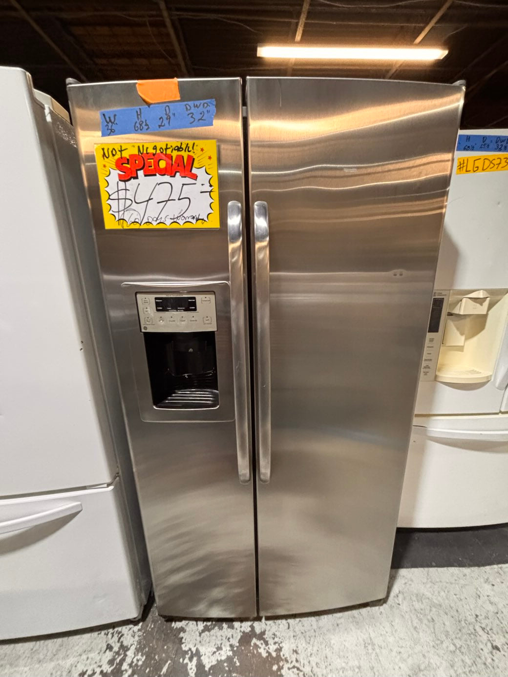 }}Special 🔥🔥GE Side x side  36”x 69”h x 29 depth ,Refrigerator stainless steel with ice maker & water dispenser /. 36” 26cu.ft used-Refurbished. Item number  #RFGES26B