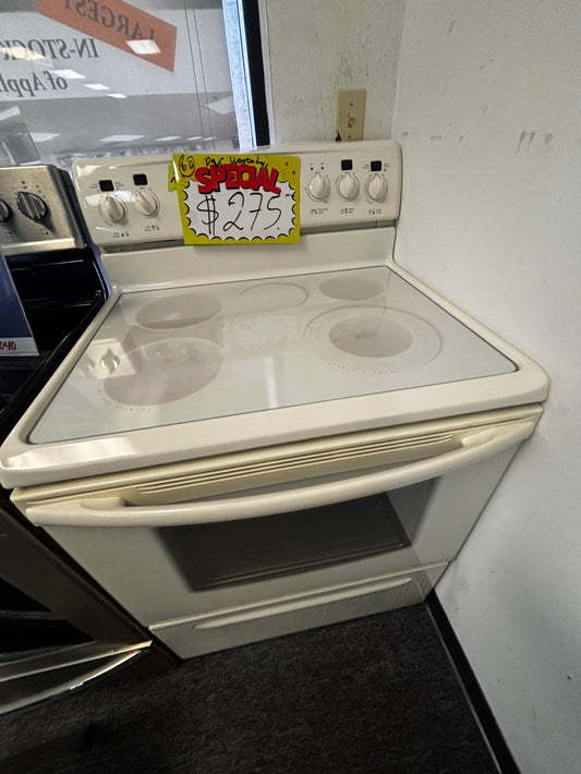 -Frigidaire Glass top electric 220v range 5 burner warm zone bake broil  convection bake  off white color 30" Refurbished #KOW11JL