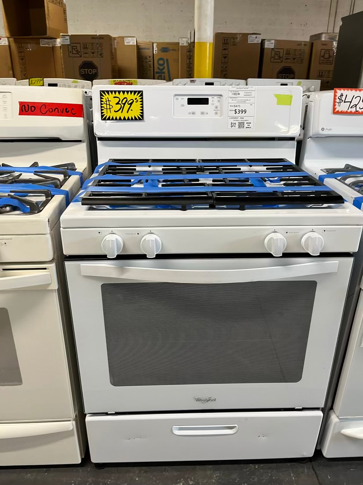 Whirlpool Gas range 4 burner bake broil in white Refurbished 30° #GR214EB