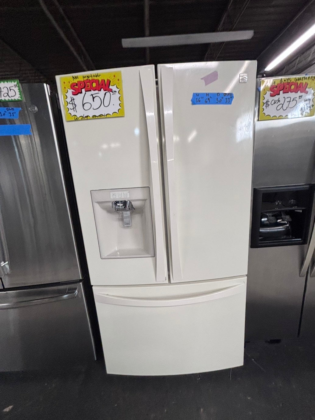 >special 🔥Used great condition used-Refurbished Kenmore  36”W x 69h x 30”depth french door refrigerator off white  w/ice & water dispenser 36 “ #RFK22CB