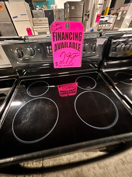 >🔥Sale🔥whirlpool Glass Top electric stove black  bake broil 4 burner Self clean 30”  used-Refurbished #EX5Z4B