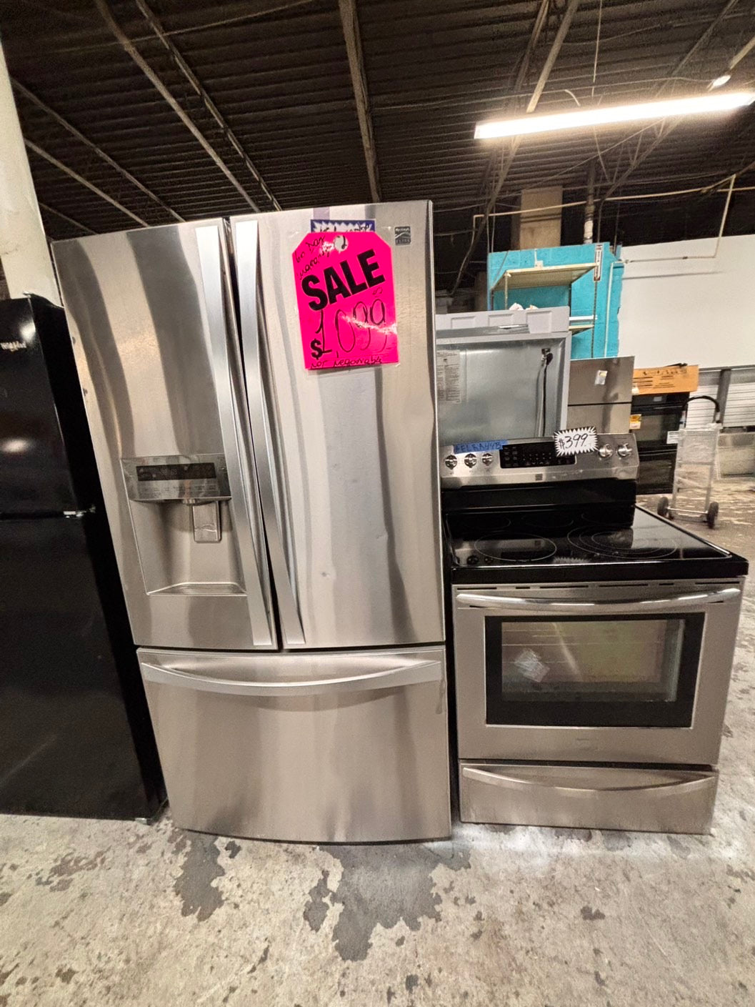 >special combo 2pc. Kenmore French door Refrigerator 36” stainless steel with water dispenser & ice maker & electric stove 5 burners & both same brand #RFXV421B