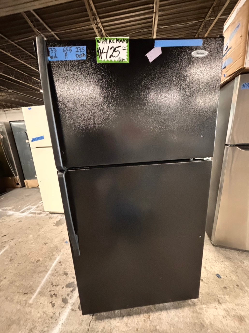 >whirlpool 33” Top freezer fridge  with ice maker inside , black used-refurbished #RW1ZC2B