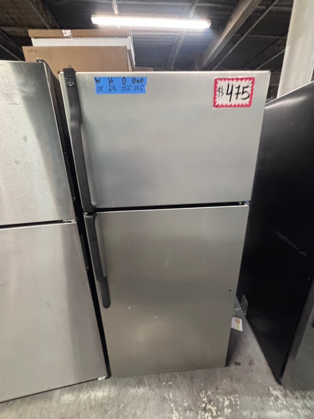 >*28”GE top freezer fridge with ice maker inside stainless steel  used-refurbished #FGBS3RB