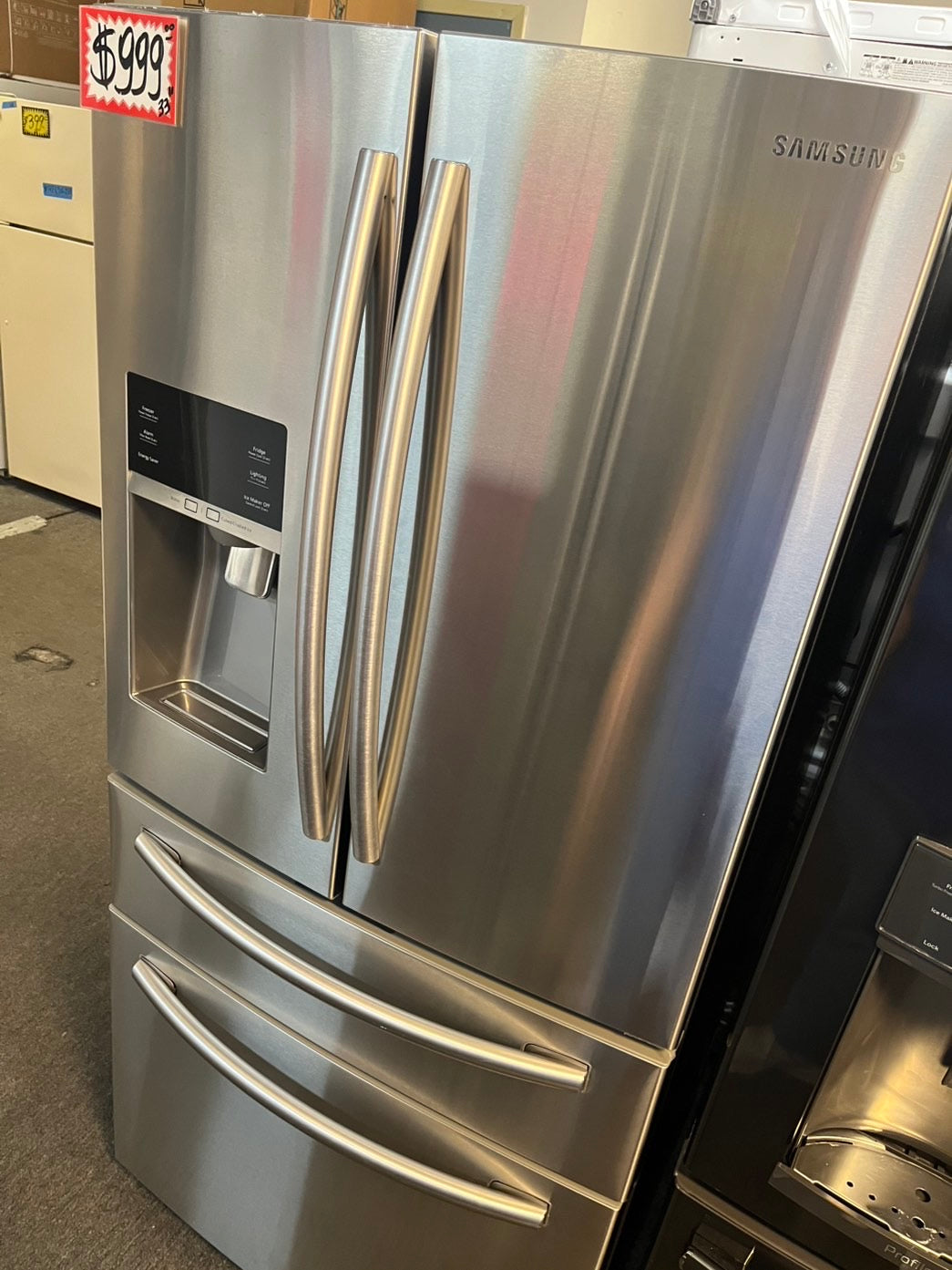 =•Samsung 33” wide 4-doors French door Refrigerator 33w x 69h 30”1/2depth. /stainless steel w/ ice water dispenser 33" #RFSMG338L