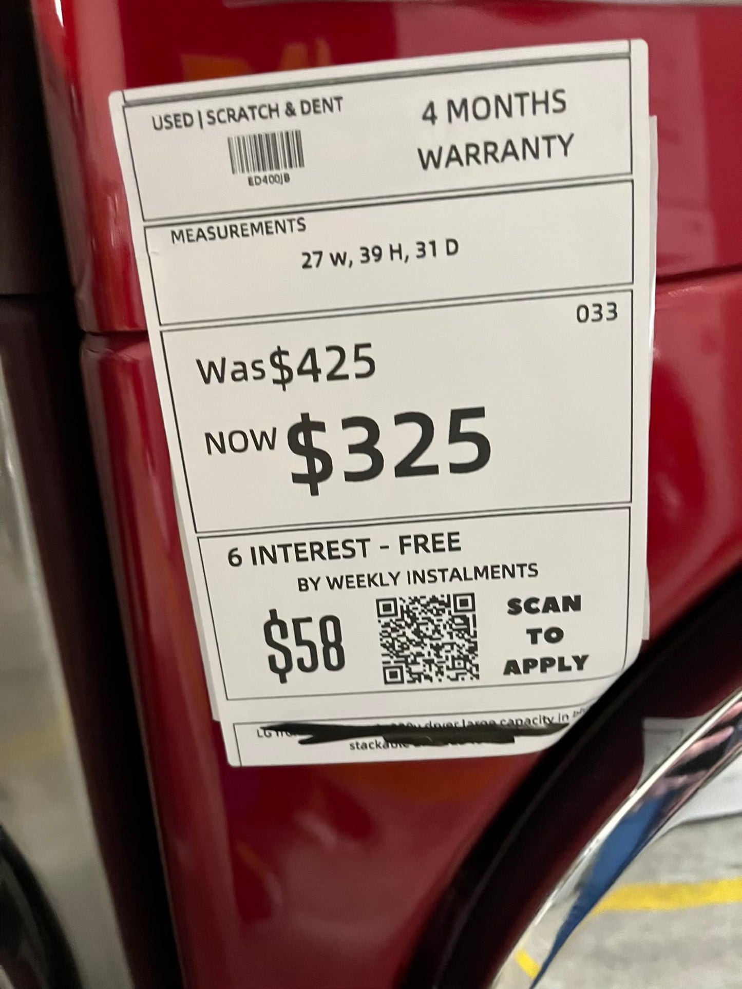 LG front load electric 220v dryer stackable large capacity in red #ED400JB