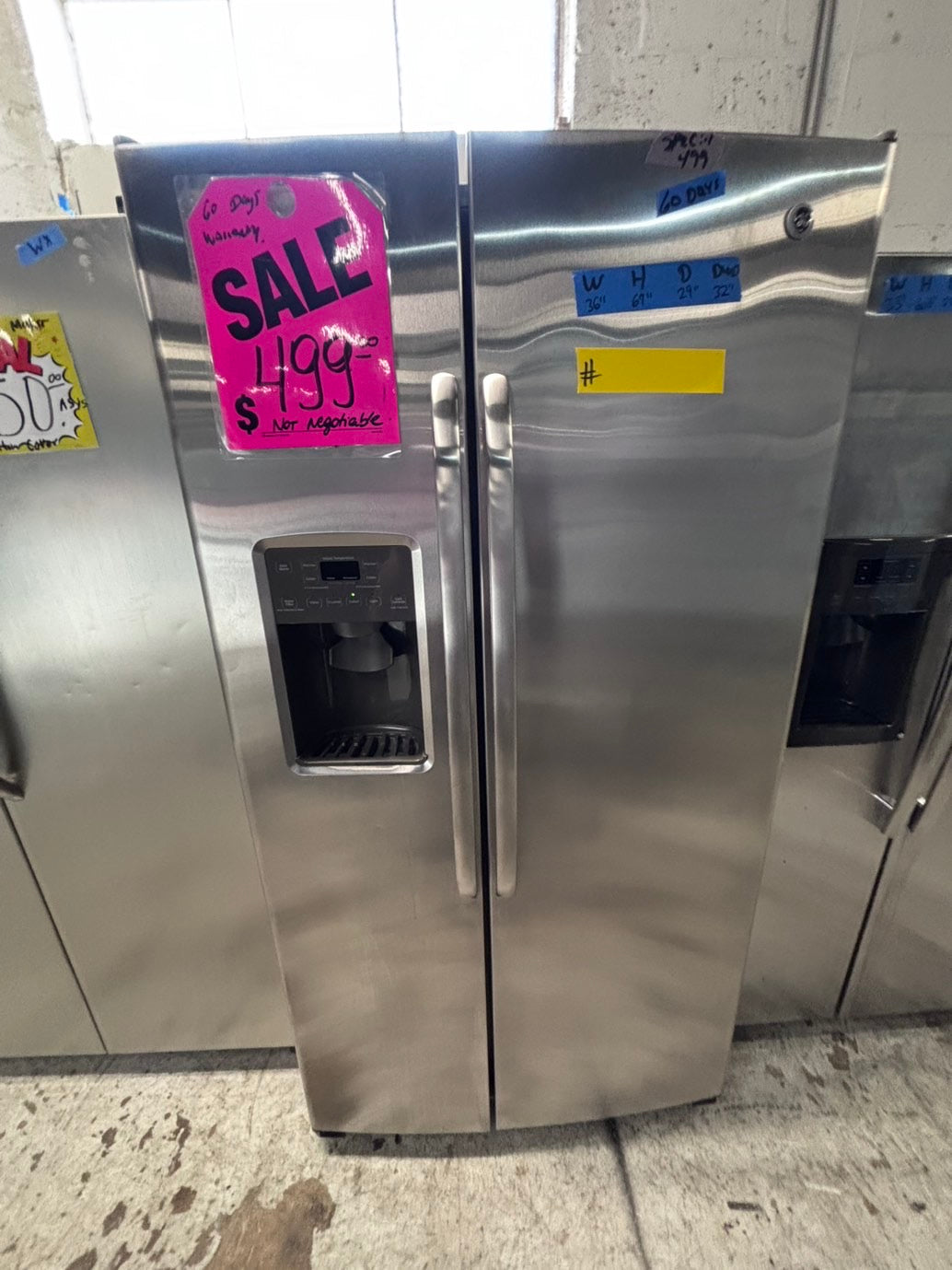 >*36” x 69h GE side by side Refrigerator and freezer stainless steel w/ice water dispenser 36” #SBTT7B