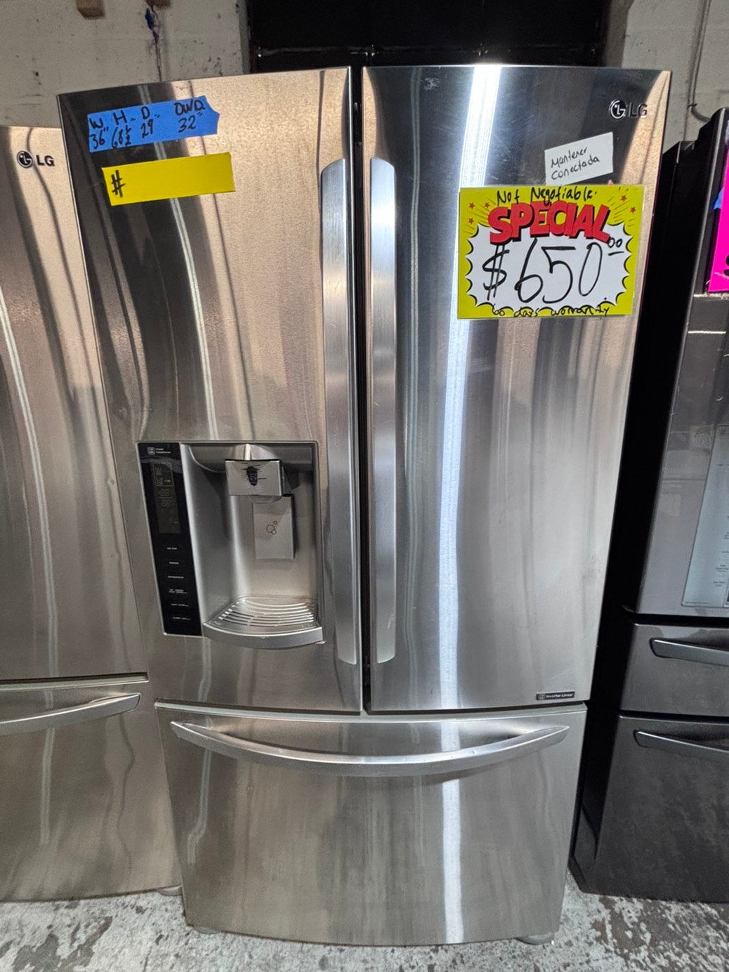 >* special 🔥used-Refurbished LG 36”w x69h x 29 depth refrigerator stainless steel w/ice & water dispenser 36 “ #LGDF74B