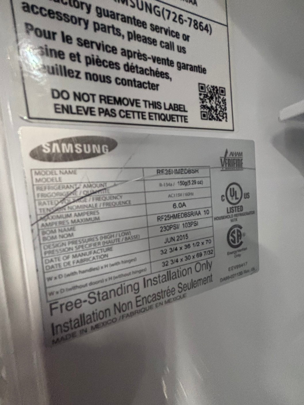 >*Samsung 4-doors French door Refrigerator 33w x 69h 30”1/2depth. /stainless steel w/ ice water dispenser 33" #RL7Q21QB