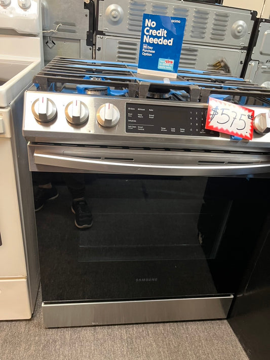 =Samsung 30”  Gas range 5 burner slide in convection bake roast broil self clean used Refurbished" item #GRSMA34L