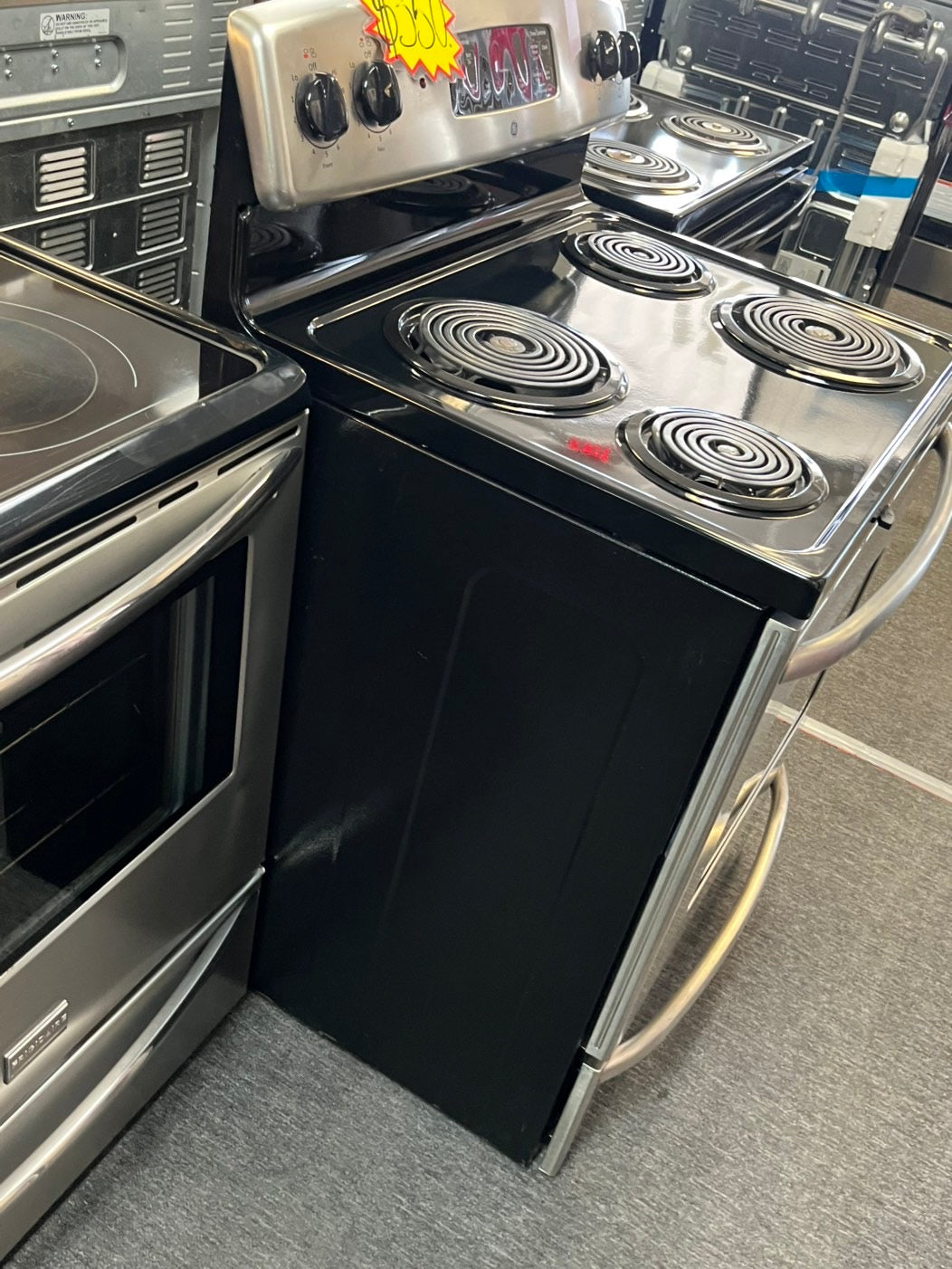 =GE Coil Top electric stove white bake broil 4 burner Self clean 30” stainless steel used-Refurbished #ELGE28NL