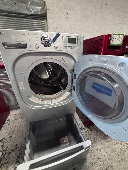 >*LG gray  Dryer electric 220v in front load w/pedestal extra storage stainless steel drum large capacity 27" used-refurbished #EGE44XB
