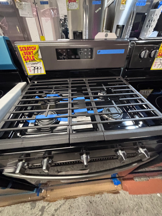 >>new open box New Whirlpool five burners gas stove ,bake /broil black stainless steel #GSZZ3VB