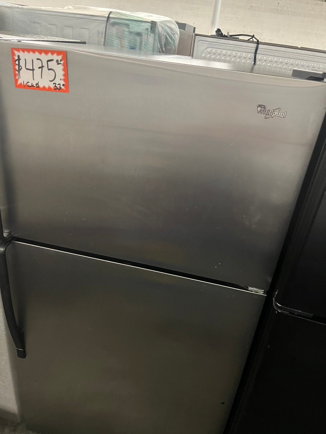 =Whirlpool  33” with Iced maker Top freezer fridge stainless steel refurbished #RFKM33