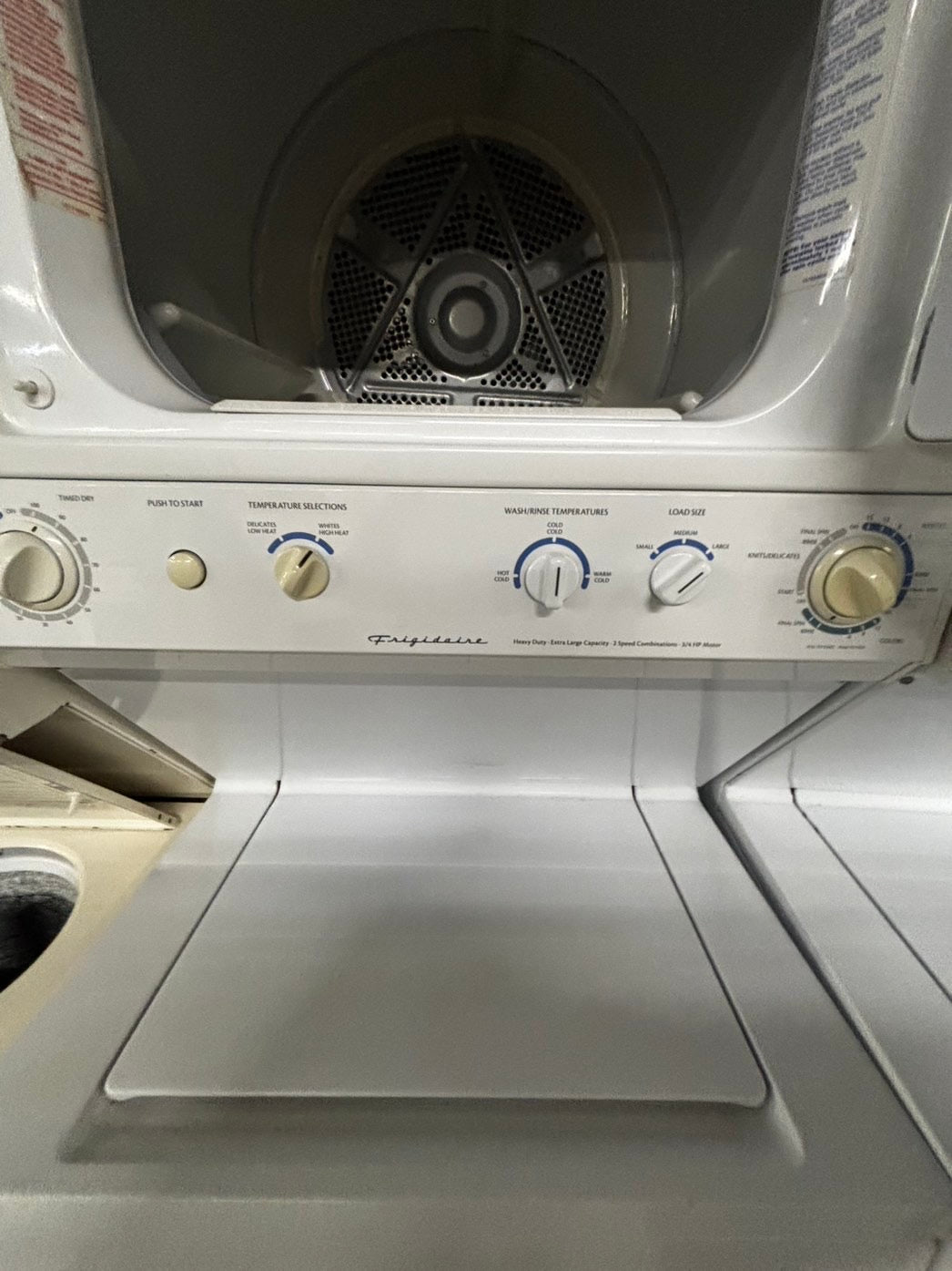 >used-  refurbished Frigidaire stacked laundry center Electric 220v washer & dryer unit in white 27" #LWR28B