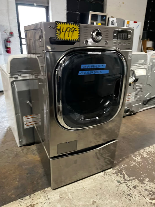 • LG front load washing machine large capacity 4.5 cu ft stainless steel steam cycle 27” w/pedestal - used refurbished #WM4396LB