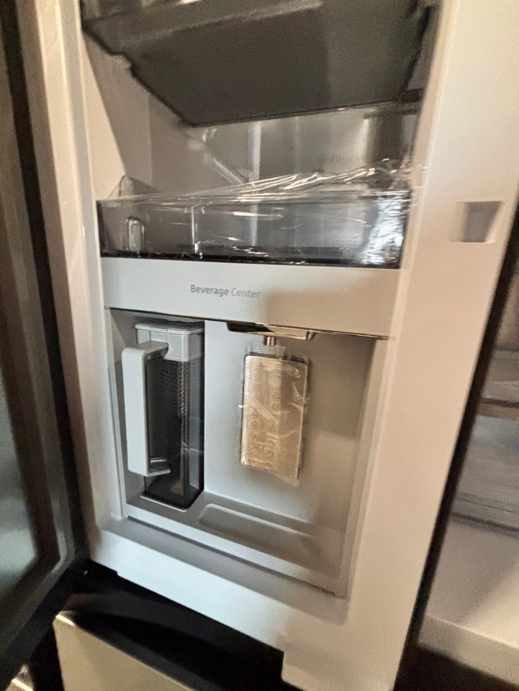 >new open box   Samsung Bespoke 23 cu. ft. Counter Depth 4-Door French Door Refrigerator in Stainless Steel with Family Hub in Charcoal Glass #RFFH8Z41B