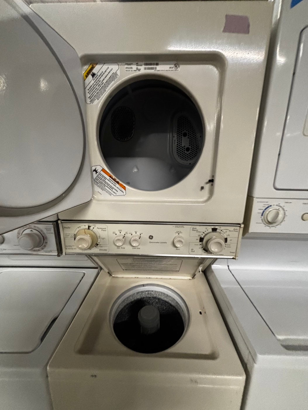 >GE stacked laundry center Electric 220v washer & dryer set used -in off white 24" #LCGY7B