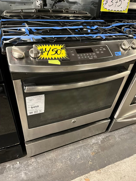 - GE gas range slide in stainless steel 4 burner bake broil hi/lo self clean 30" #ER671WB
