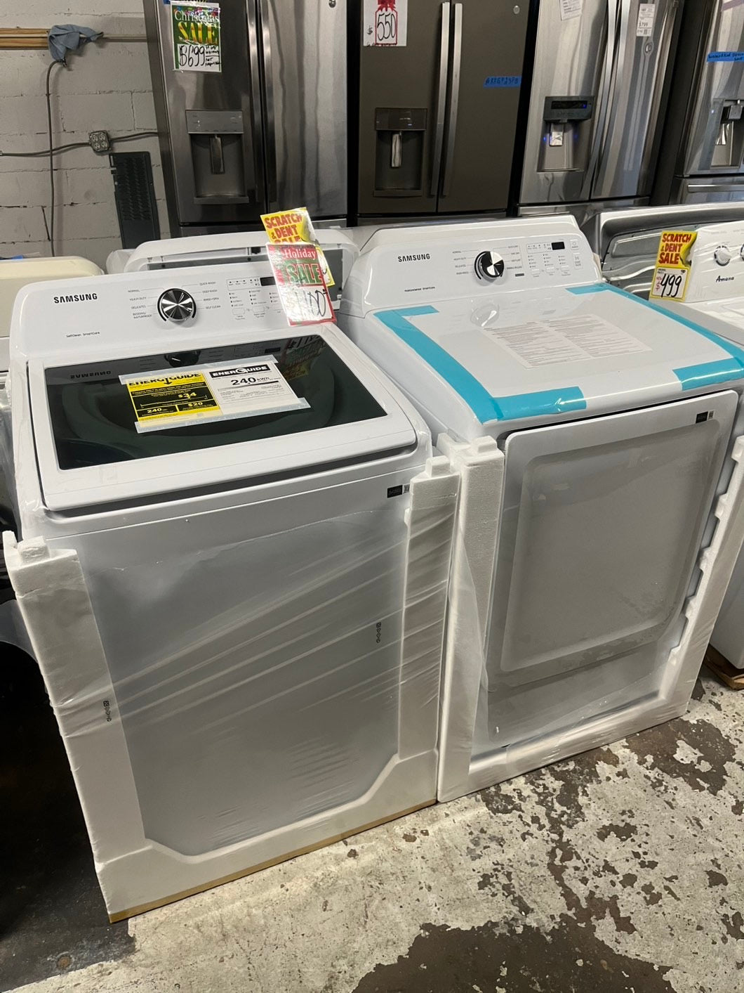 Open box 📦 New S/d New Samsung Top load washer Stainless steel Drum 4.5 Cu.Ft And Electric dryer set 27” wide white #WDSM45B