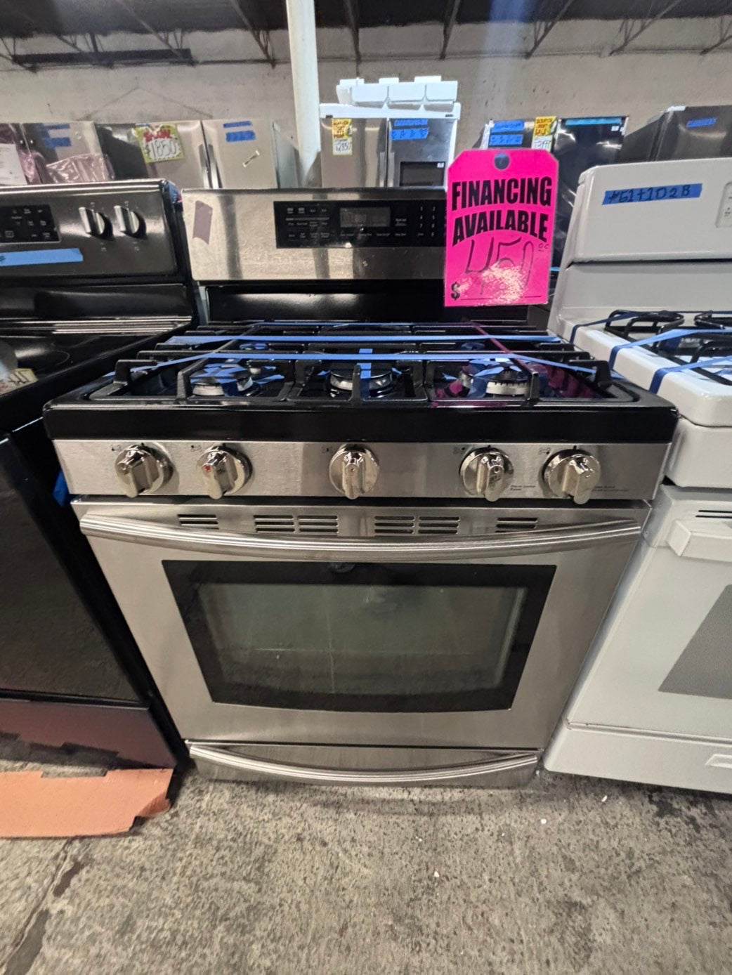>>samsung Gas range 5 burner convection oven bake ,broil Hi/Lo self clean in stainless steel used-Refurbished 30” #SGX11SB