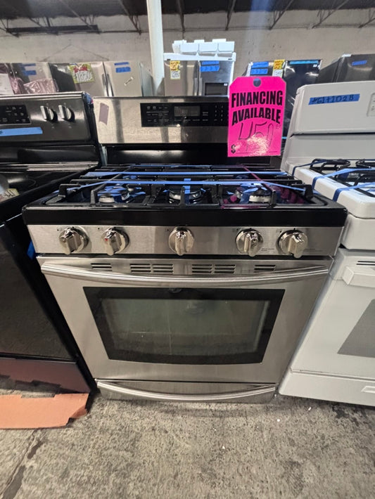 >>samsung Gas range 5 burner convection oven bake ,broil Hi/Lo self clean in stainless steel used-Refurbished 30” #SGX11SB