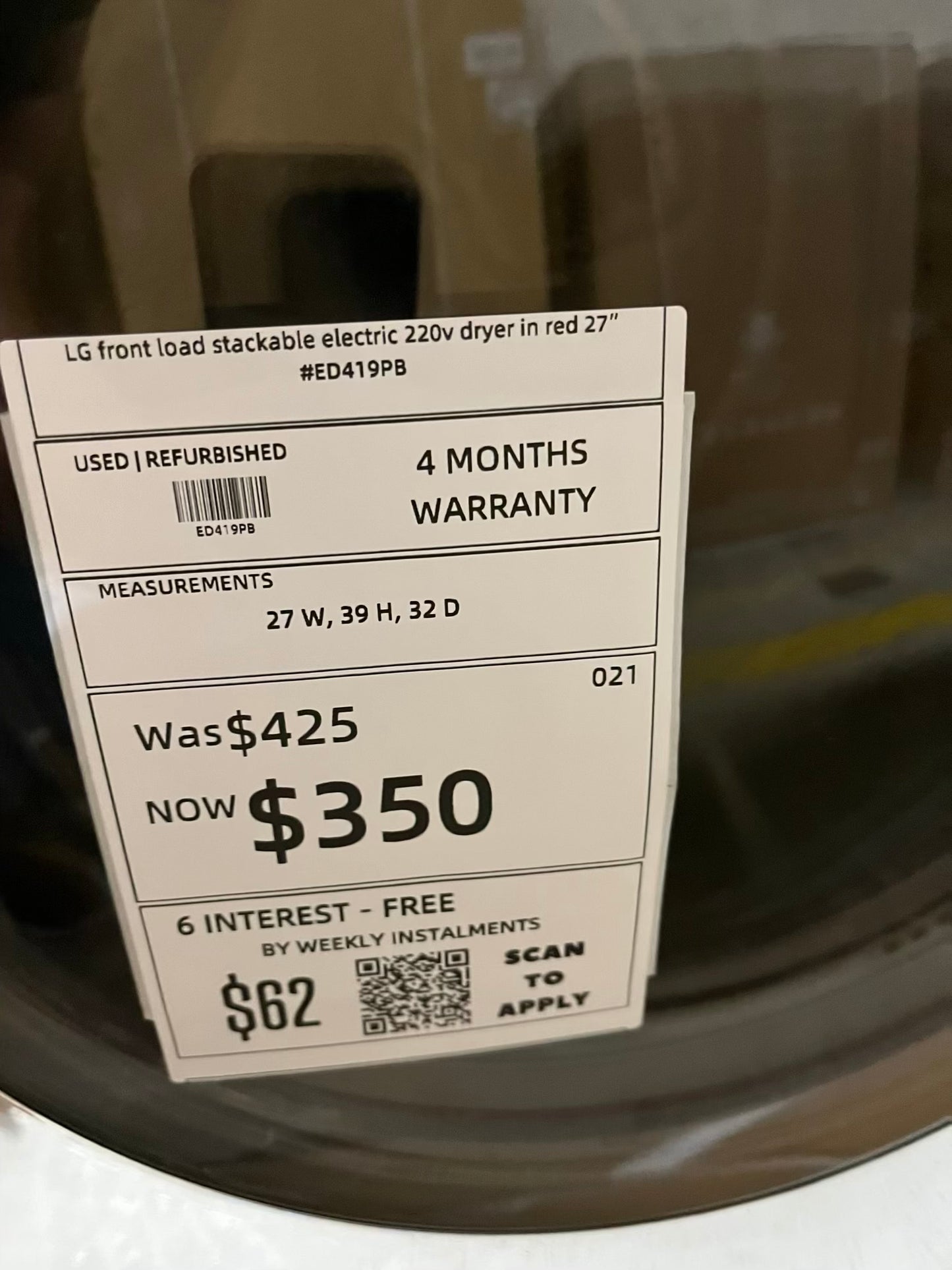 LG front load stackable electric 220v dryer in red 27" #ED419PB
