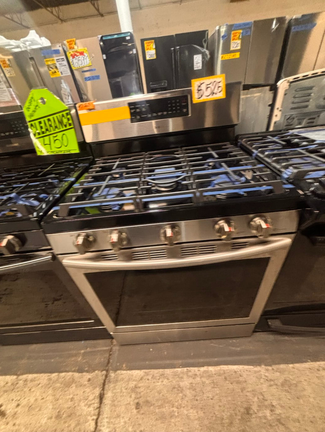 }}samsung Gas range 5 burner convection oven bake ,broil Hi/Lo self clean in stainless steel used-Refurbished 30” #SGS70FB