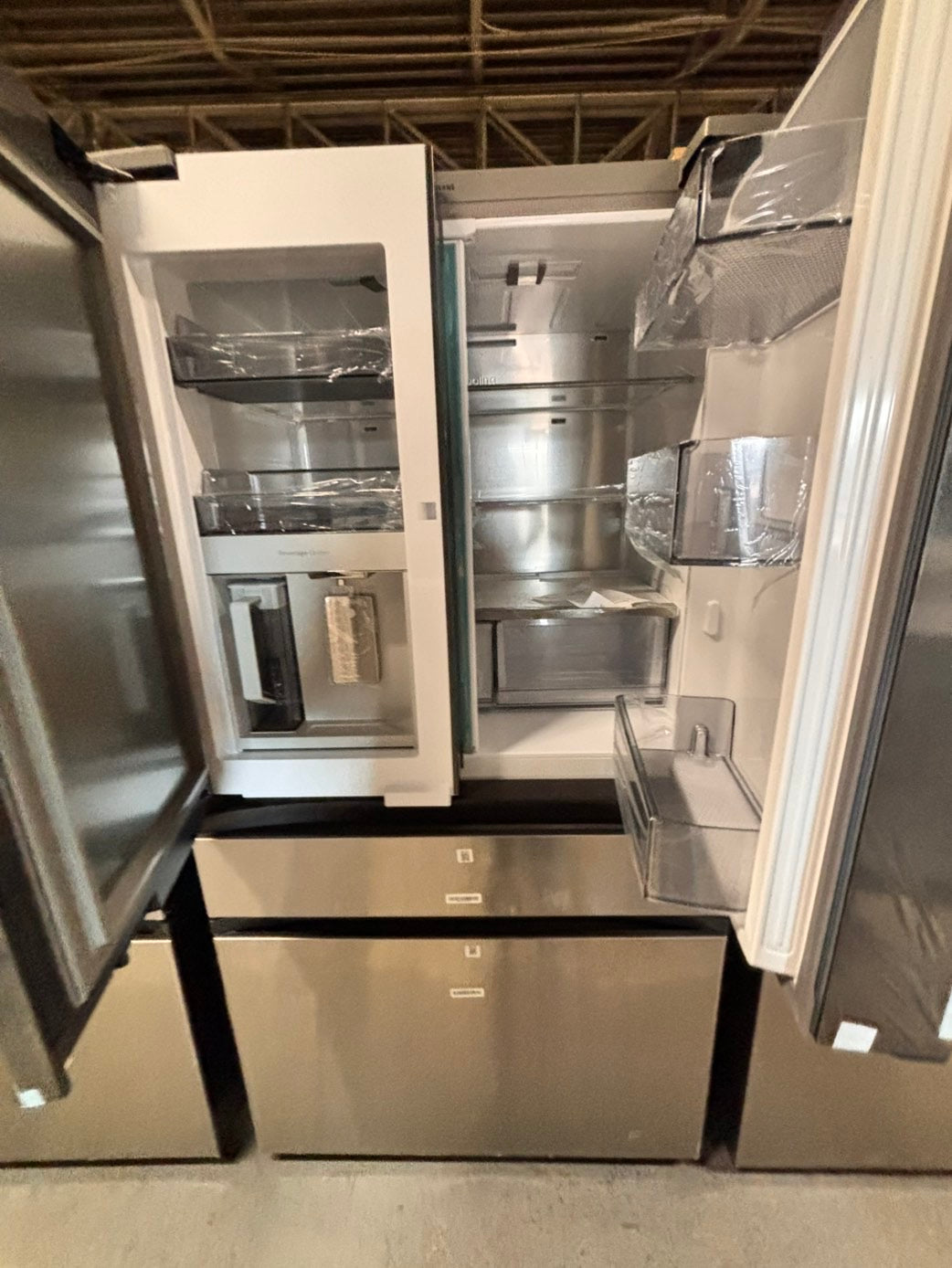 >new open box   Samsung Bespoke 23 cu. ft. Counter Depth 4-Door French Door Refrigerator in Stainless Steel with Family Hub in Charcoal Glass #RFFH8Z41B