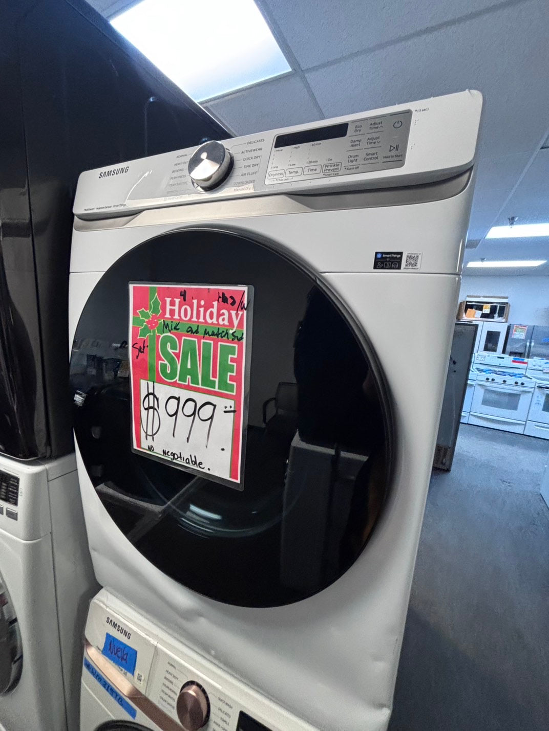 >Open Box 📦 Scratch & Dent mix match Samsung 5.0cu. ft. High-Efficiency Front Load Washer  with Self-Clean+ & Samsung 7.5 cu. ft. Vented Smart Stackable Electric 220v Dryer In White w/ Steam 27" in #WM315TBSET