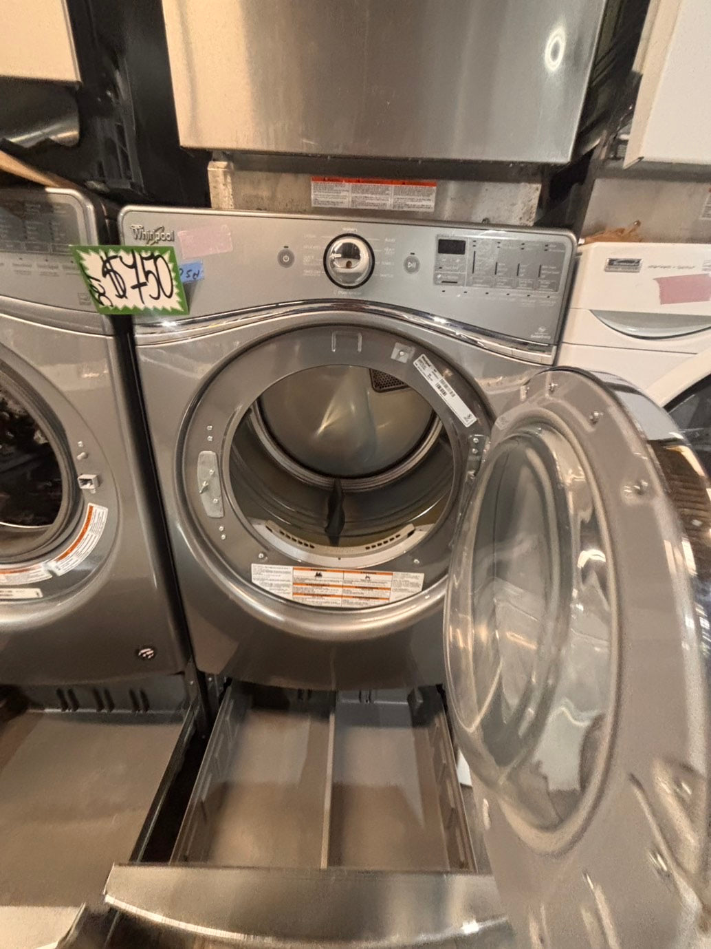 >*SALE🔥used- refurbished whirlpool front load electric 220v dryer & washer large  capacity with pedestals in silver color 27” #WSS8KV7B