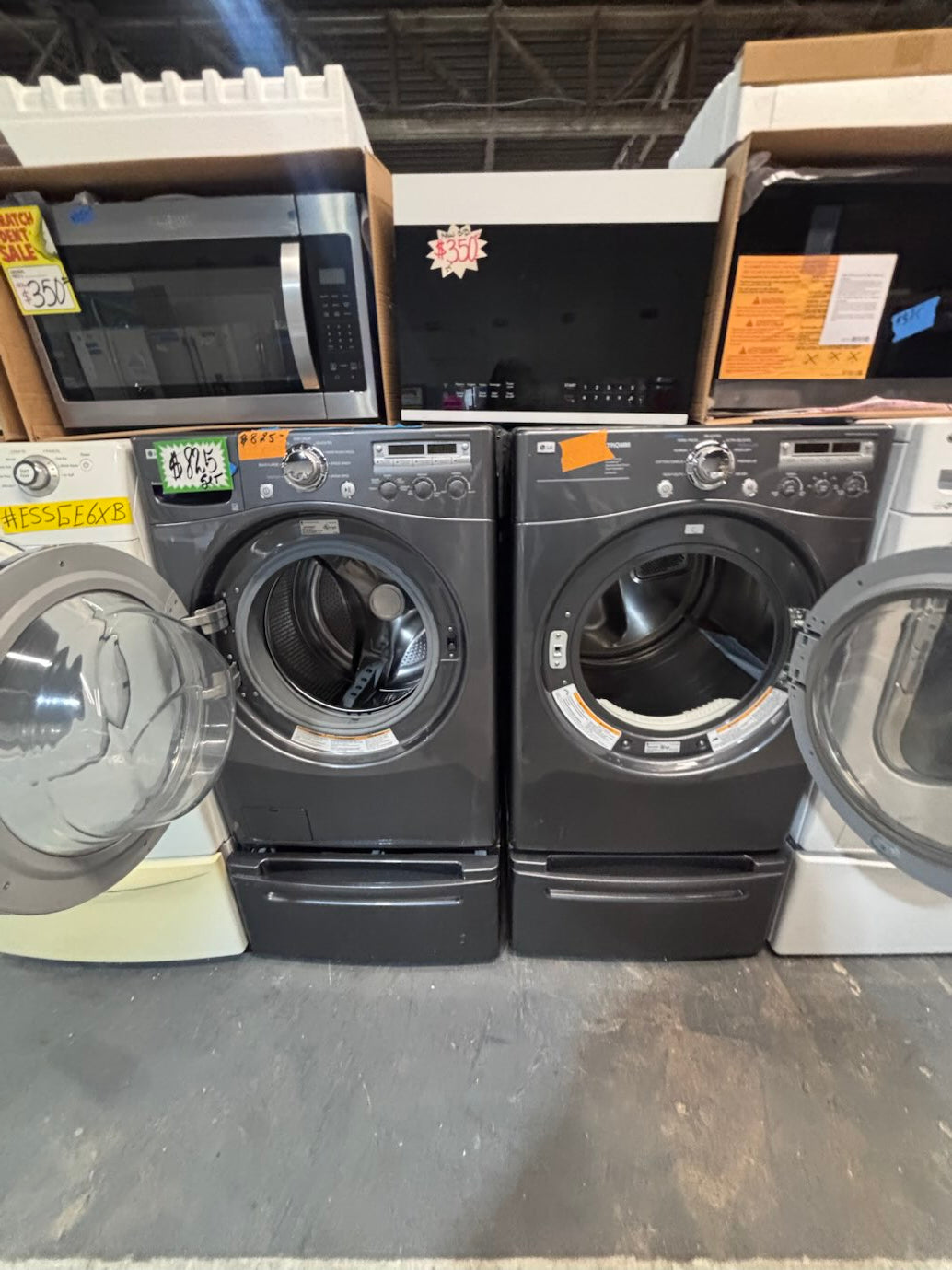 }LG used- refurbished front load electric 220v dryer & washer large  capacity with pedestals in gray color 27” #FLSGTV7B