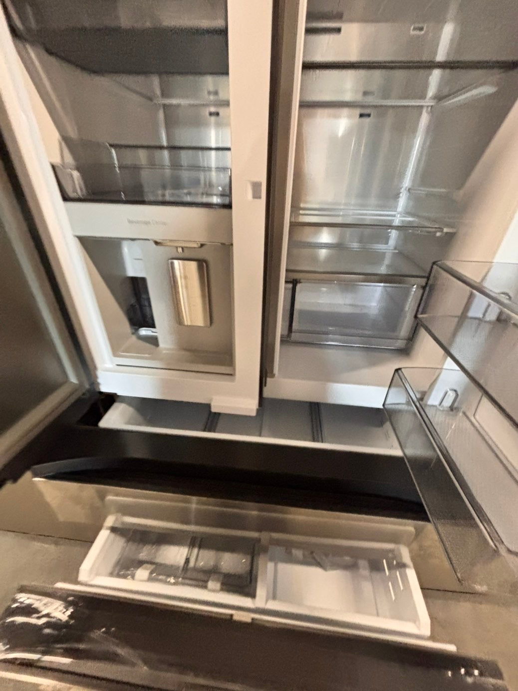 >new open box costumer return  Samsung Bespoke 23 cu. ft. Counter Depth 4-Door French Door Refrigerator in Stainless Steel with Family Hub in Charcoal Glass #RFFH1D41B