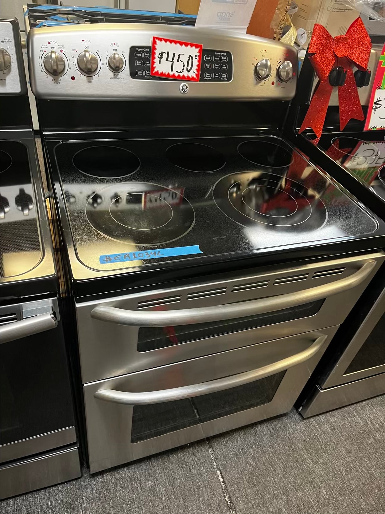 GE electric 220v glass top double oven range 5 burner Refurbished bake Broil self clean stainless steel 30" #ER1034L