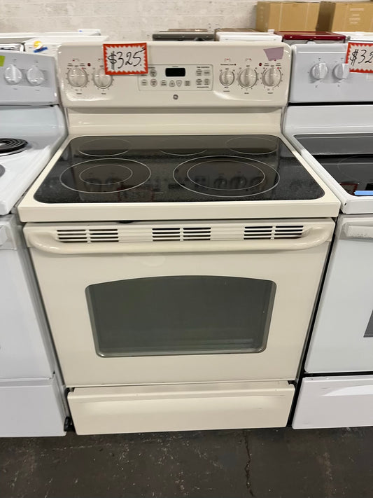 GE off White electric range 5 burner warming zone bake broil self clean 30” #RF900KB-TR