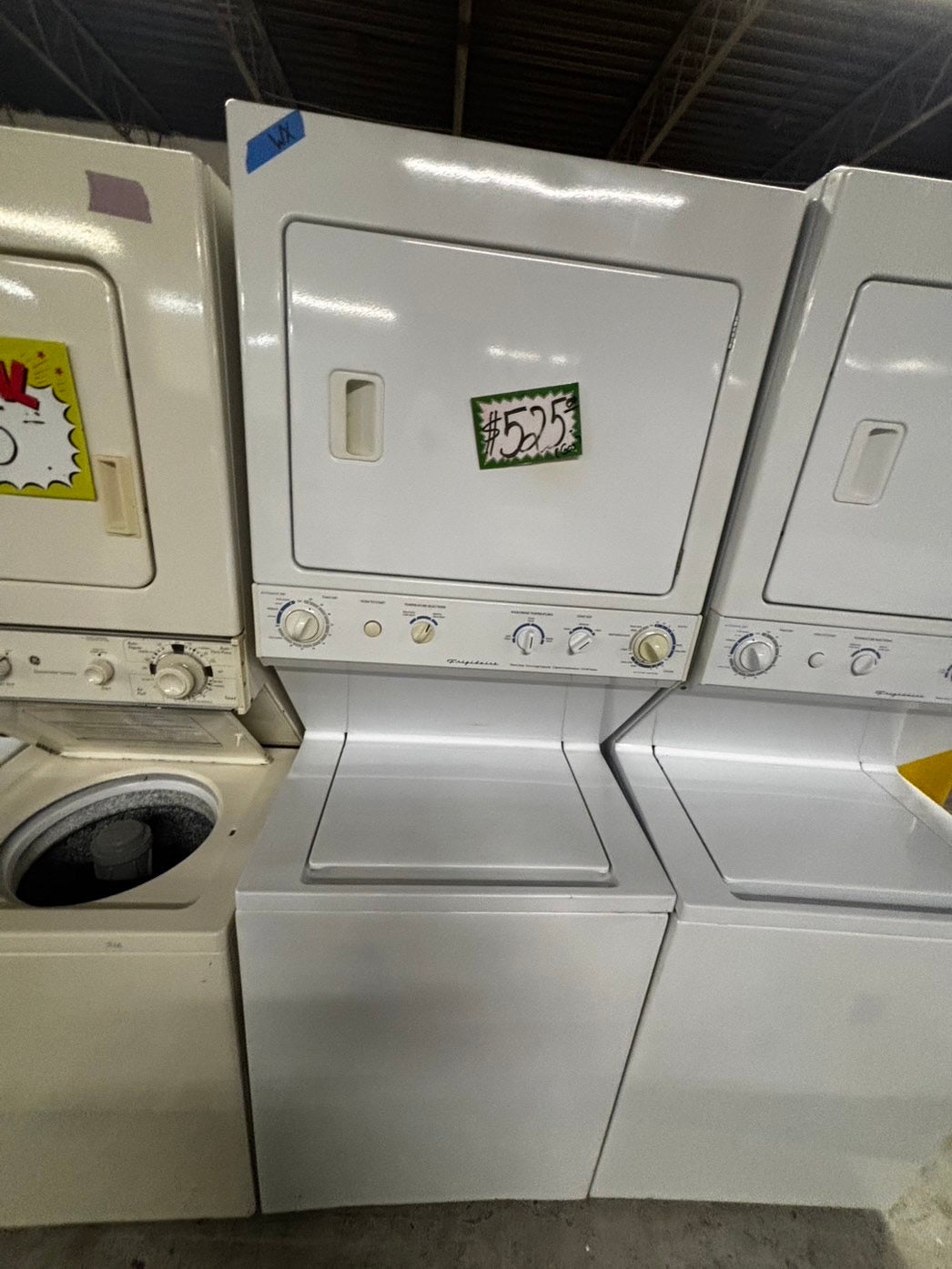 >used-  refurbished Frigidaire stacked laundry center Electric 220v washer & dryer unit in white 27" #LWR28B