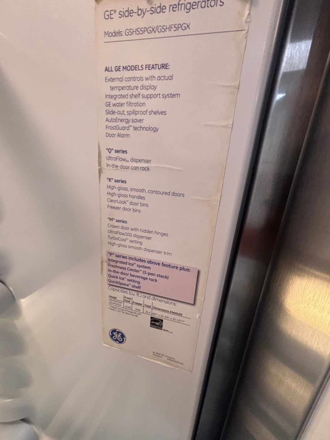 >*36” x 69h GE side by side Refrigerator and freezer stainless steel w/ice water dispenser 36” #SBS36ZB
