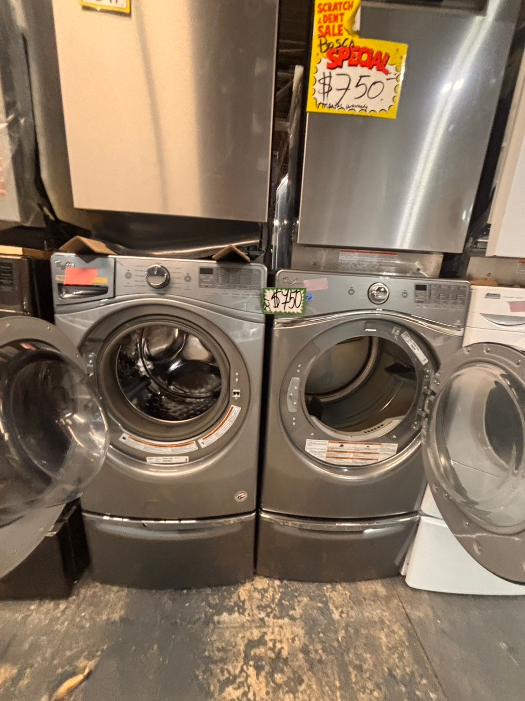 >*SALE🔥used- refurbished whirlpool front load electric 220v dryer & washer large  capacity with pedestals in silver color 27” #WSS8KV7B